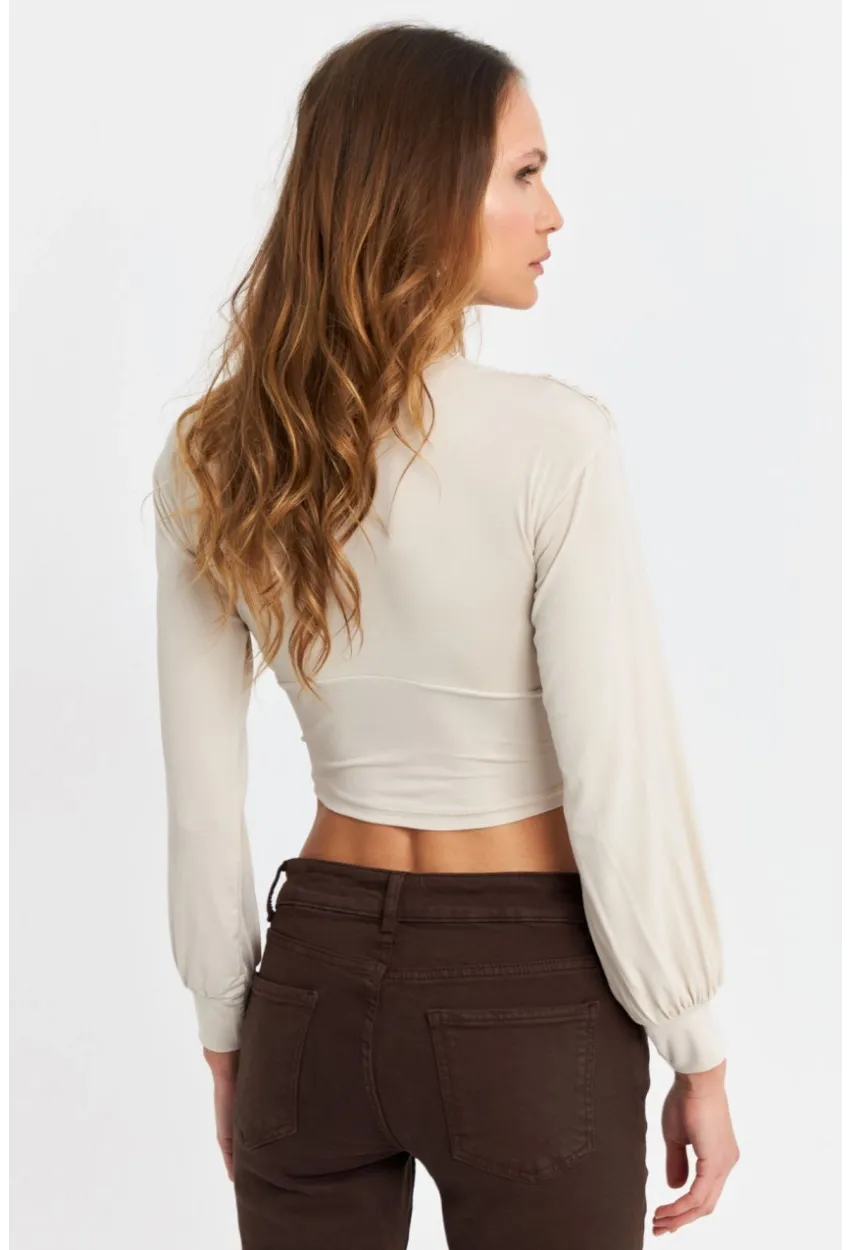 Kadın Vanilya V Yaka Büzgülü Crop Bluz SB309-90