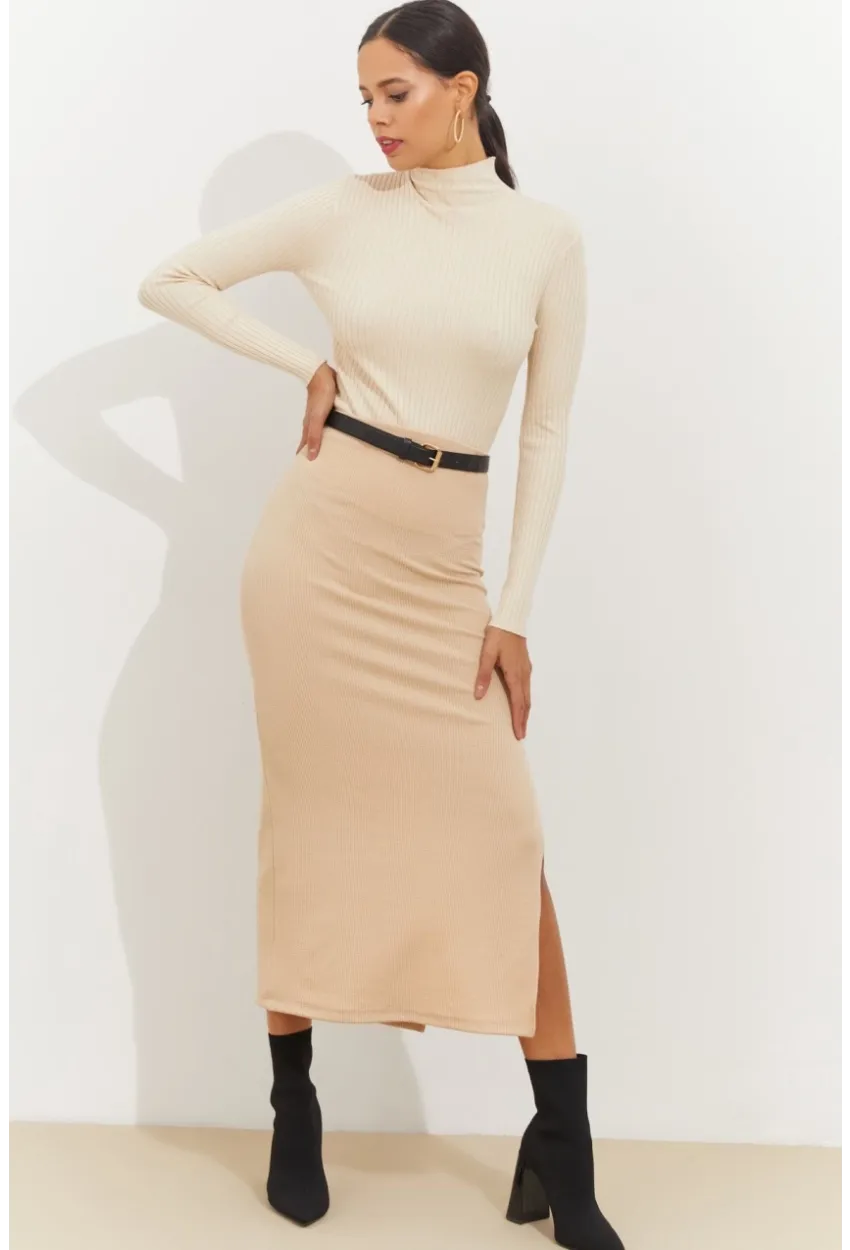 Kadın Vanilya Yandan Yırtmaçlı Midi Etek BK1600