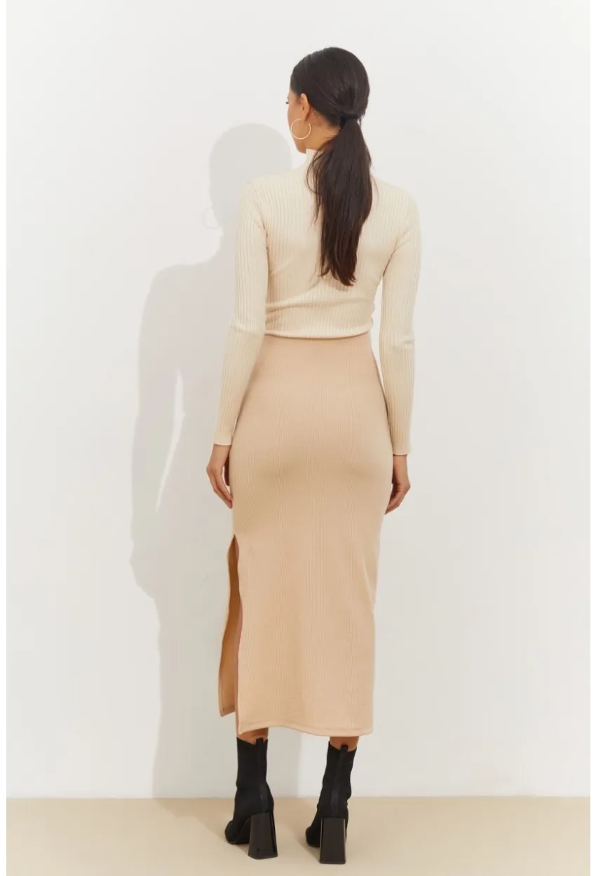 Kadın Vanilya Yandan Yırtmaçlı Midi Etek BK1600