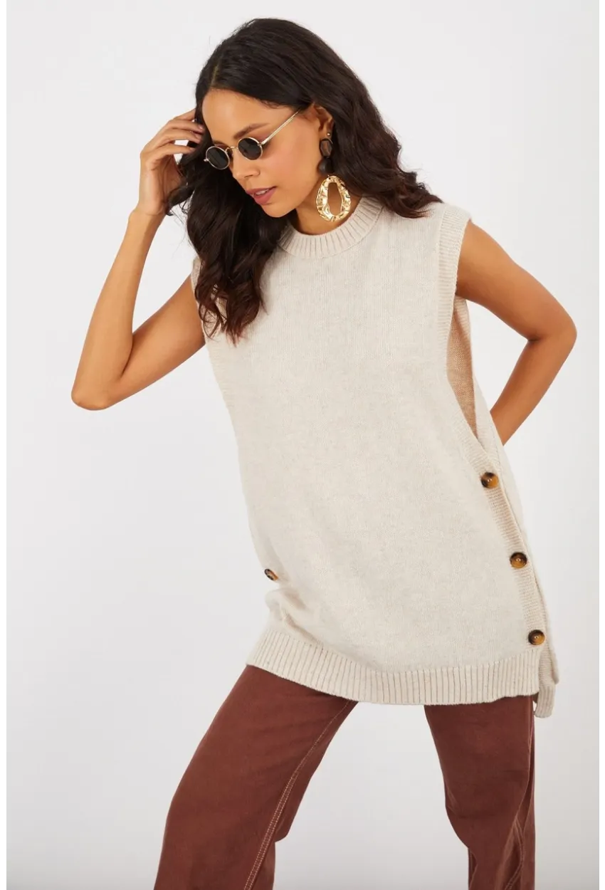 Kadın Vanilya Yanları Düğmeli Kolsuz Triko Tunik YV75