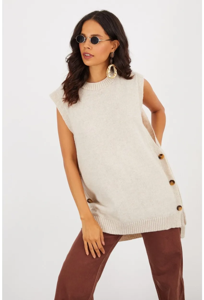 Kadın Vanilya Yanları Düğmeli Kolsuz Triko Tunik YV75