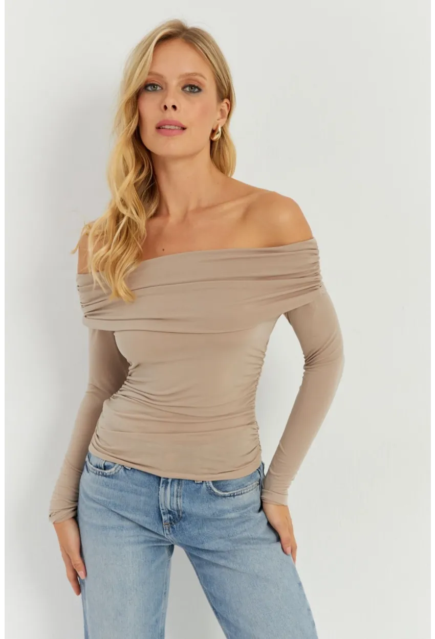 Kadın Vizon Büzgülü Madonna Bluz MON1119