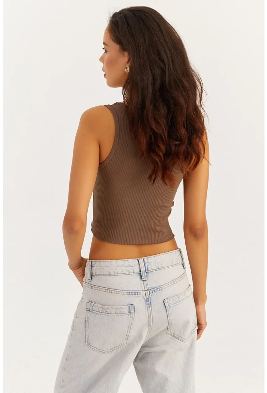 Kadın Vizon V Yaka Crop Bluz LPP1210