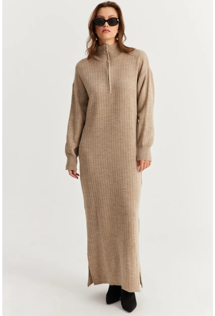 Kadın Vizon Yakası Fermuarlı Triko Maxi Elbise MNUV10