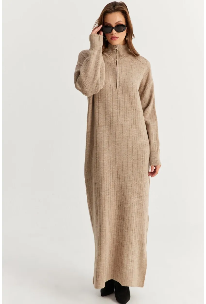 Kadın Vizon Yakası Fermuarlı Triko Maxi Elbise MNUV10