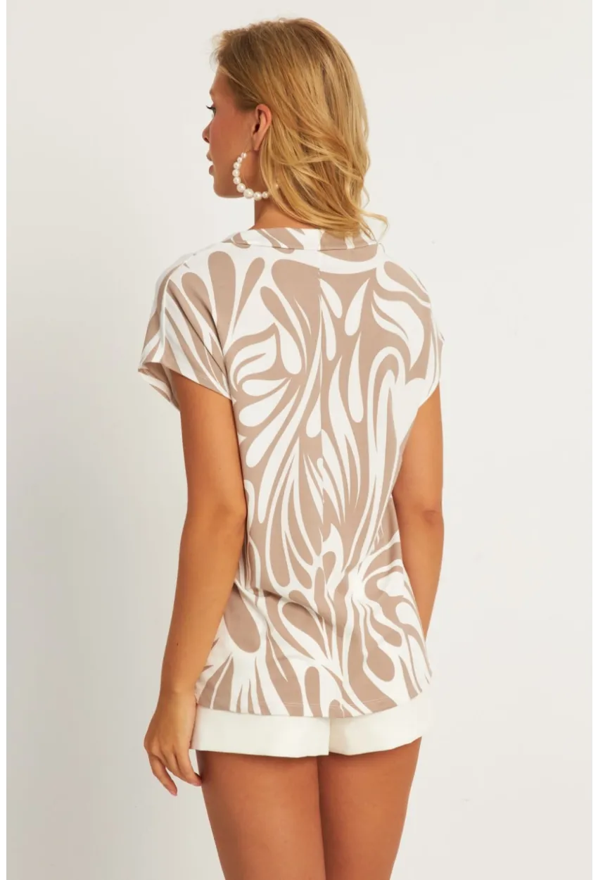 Kadın Vizon Zebra Desenli V Yaka Bluz AYD347