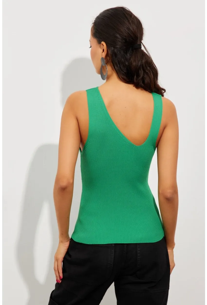 Kadın Yeşil Asimetrik Yaka Triko Bluz YV122