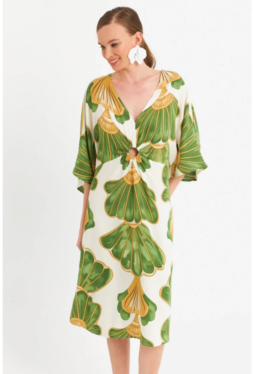 Kadın Yeşil-Beyaz Desenli Pencereli Midi Elbise Q1003