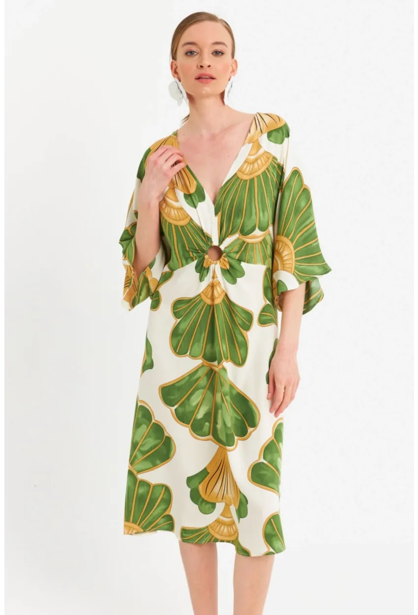 Kadın Yeşil-Beyaz Desenli Pencereli Midi Elbise Q1003