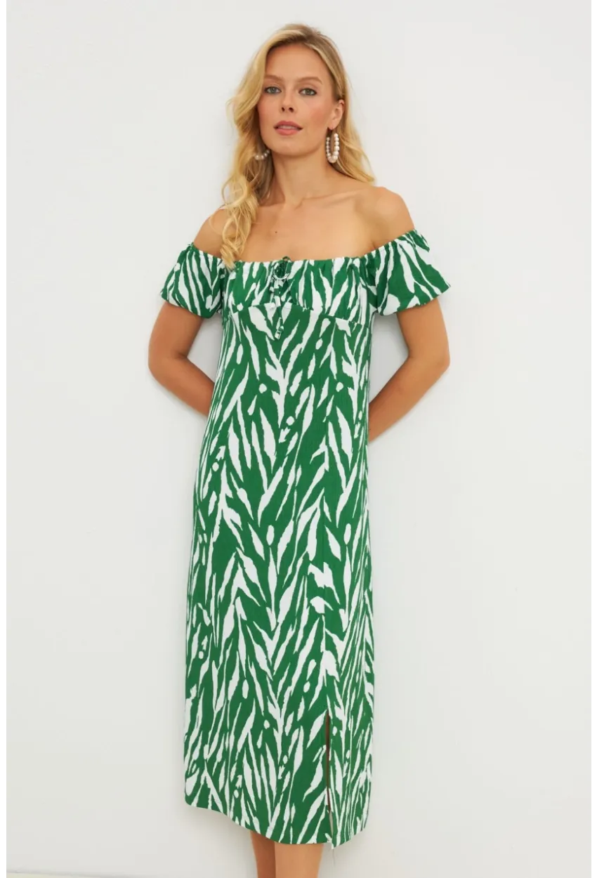 Kadın Yeşil Bürümcük Büzgülü Midi Elbise DY105