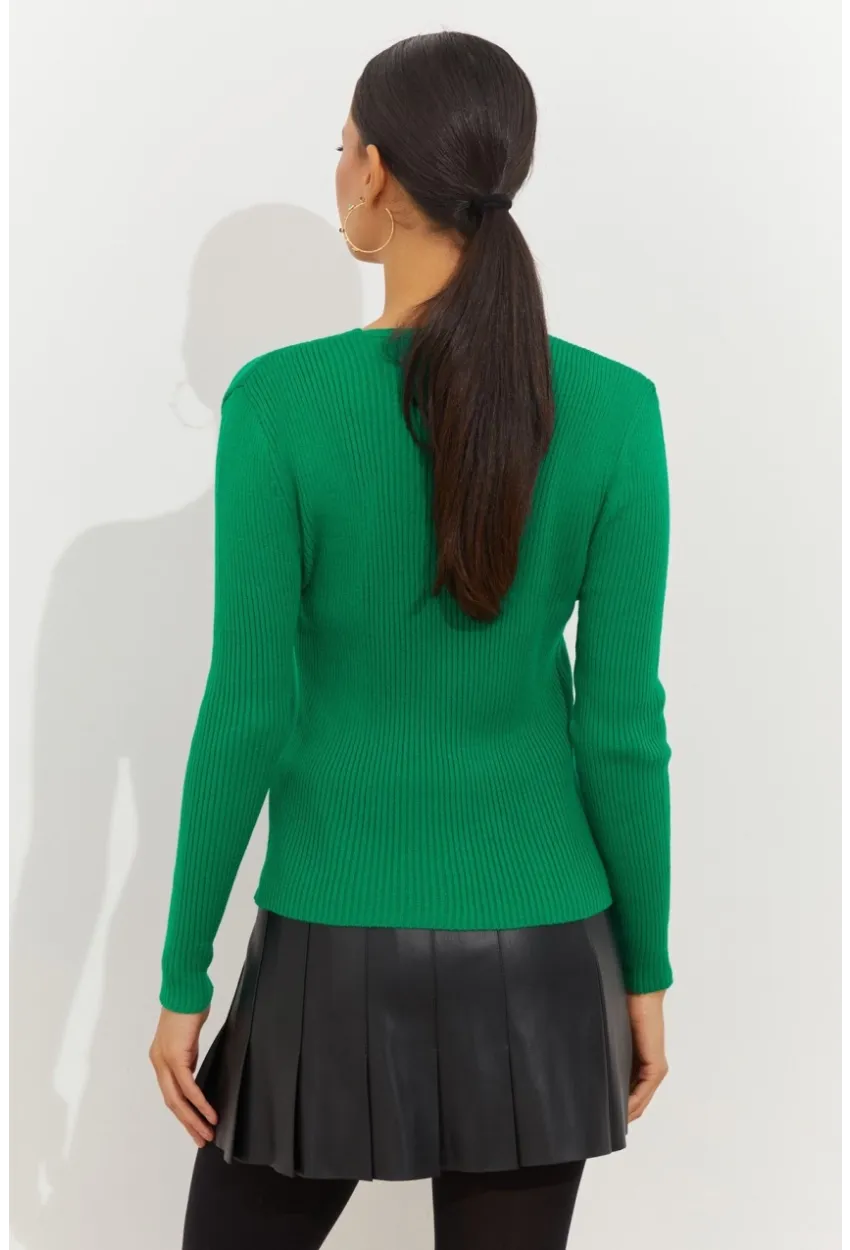 Kadın Yeşil Düğmeli Triko Bluz YV94