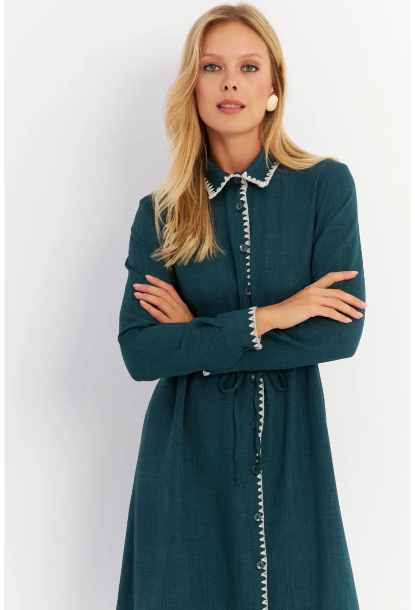 Kadın Yeşil Garnili Gömlek Midi Elbise MASF10