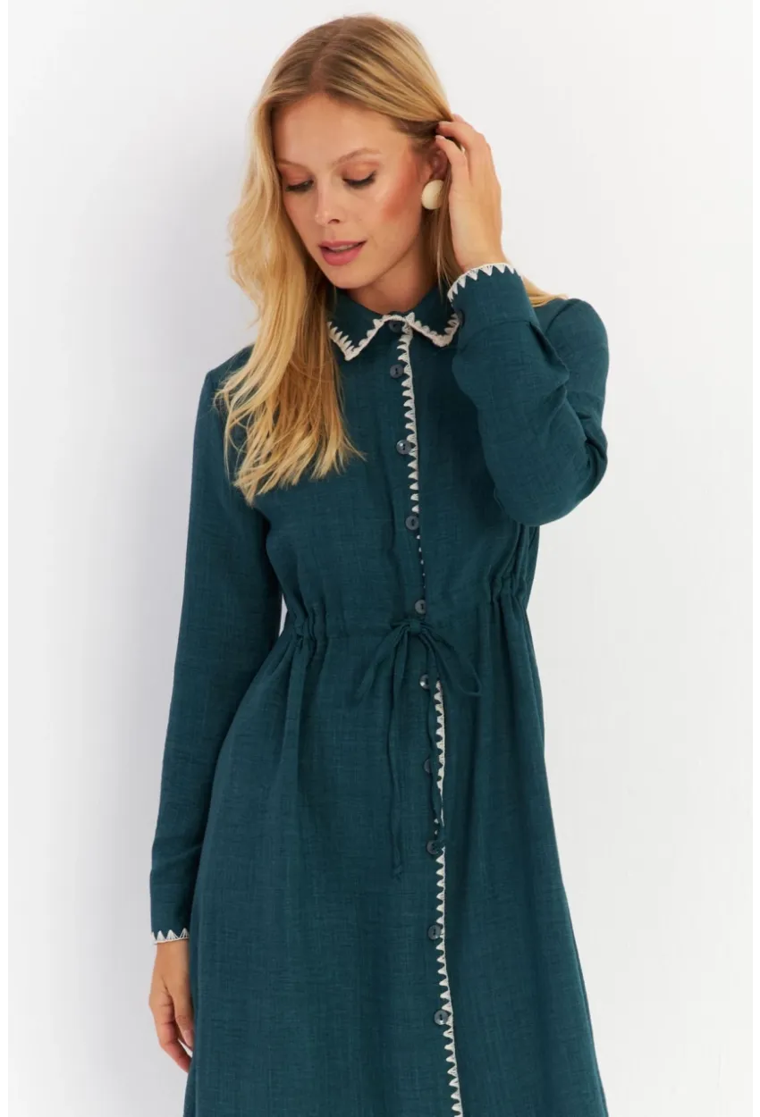 Kadın Yeşil Garnili Gömlek Midi Elbise MASF10