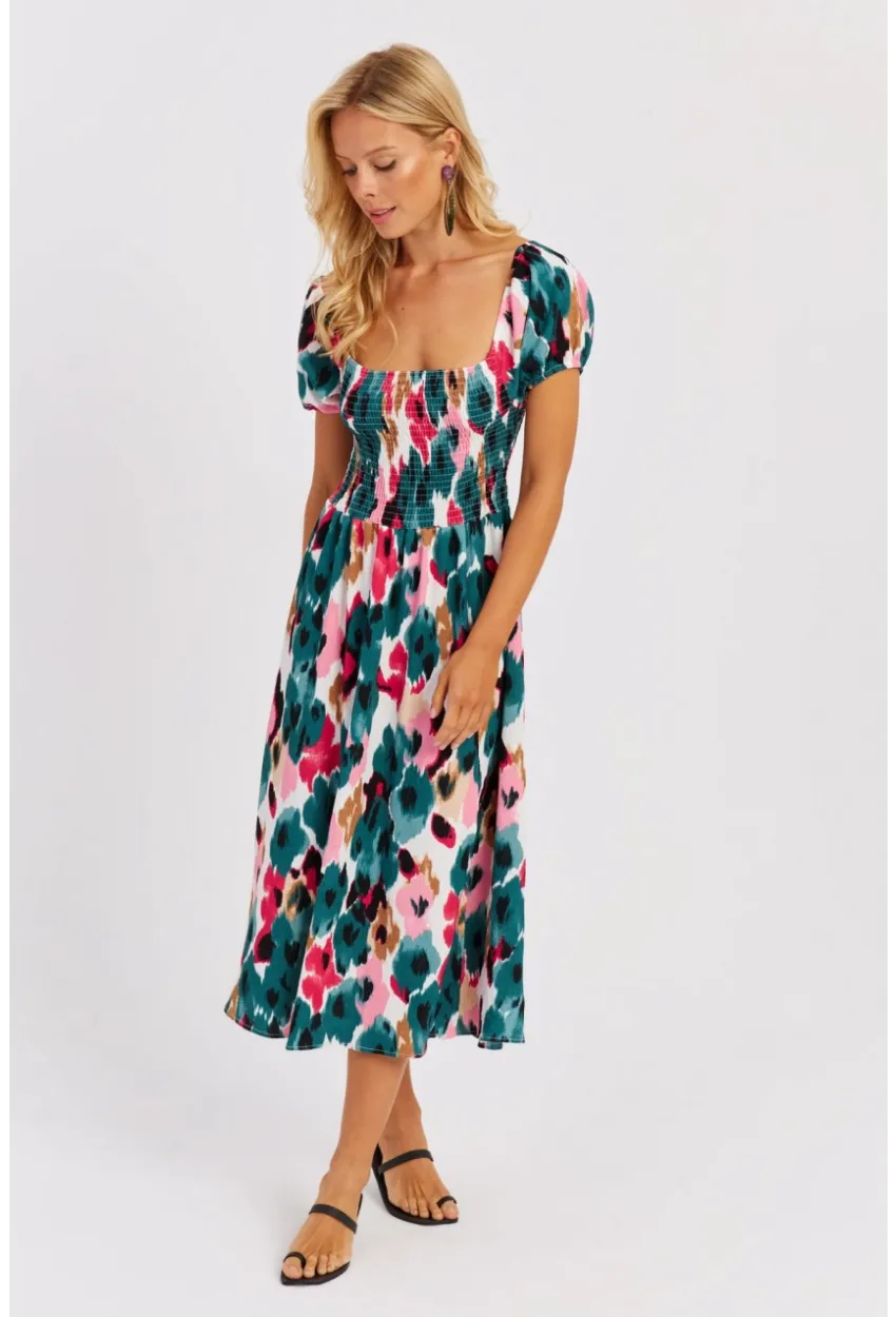 Kadın Yeşil Gipeli Desenli Midi Elbise MON126