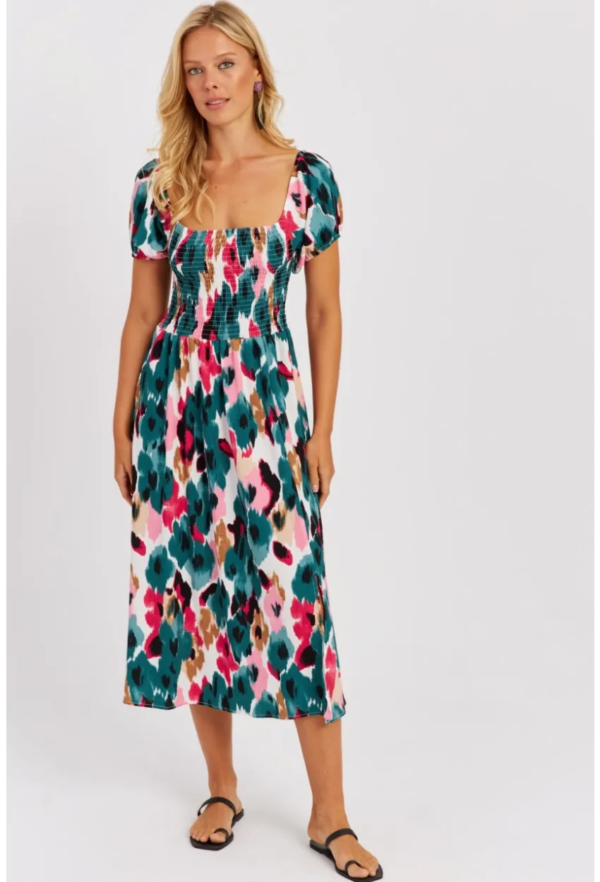 Kadın Yeşil Gipeli Desenli Midi Elbise MON126