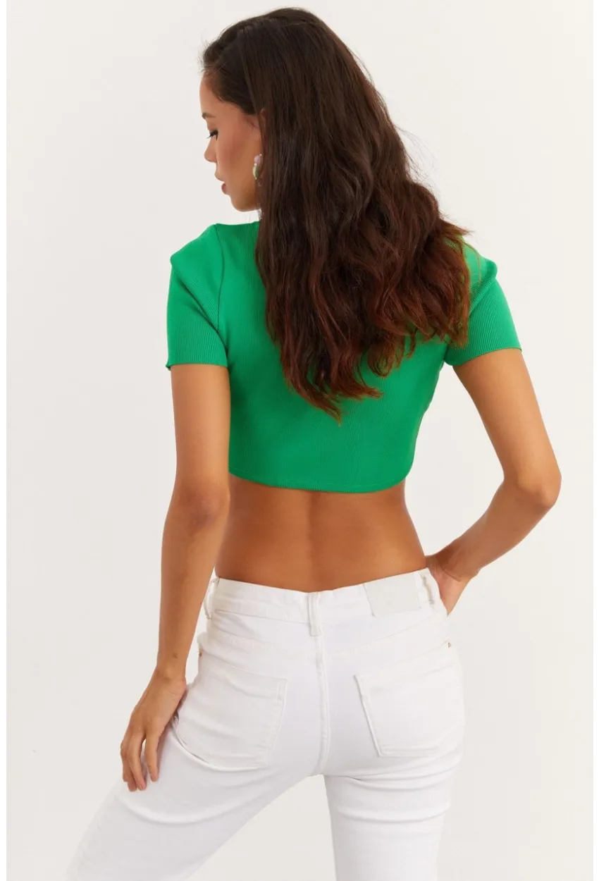 Kadın Yeşil Kare Yaka Triko Bluz TEM95