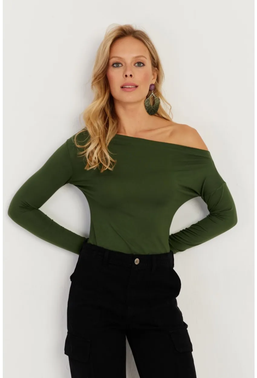 Kadın Yeşil Kayık Yaka Bluz LPP1254