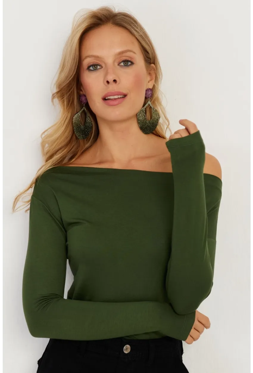 Kadın Yeşil Kayık Yaka Bluz LPP1254