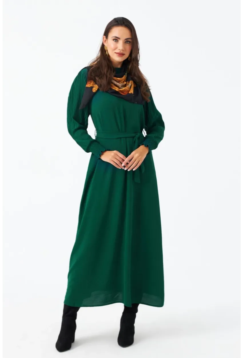 Kadın Yeşil Kolları Pileli Kemerli Maxi Elbise MASF124