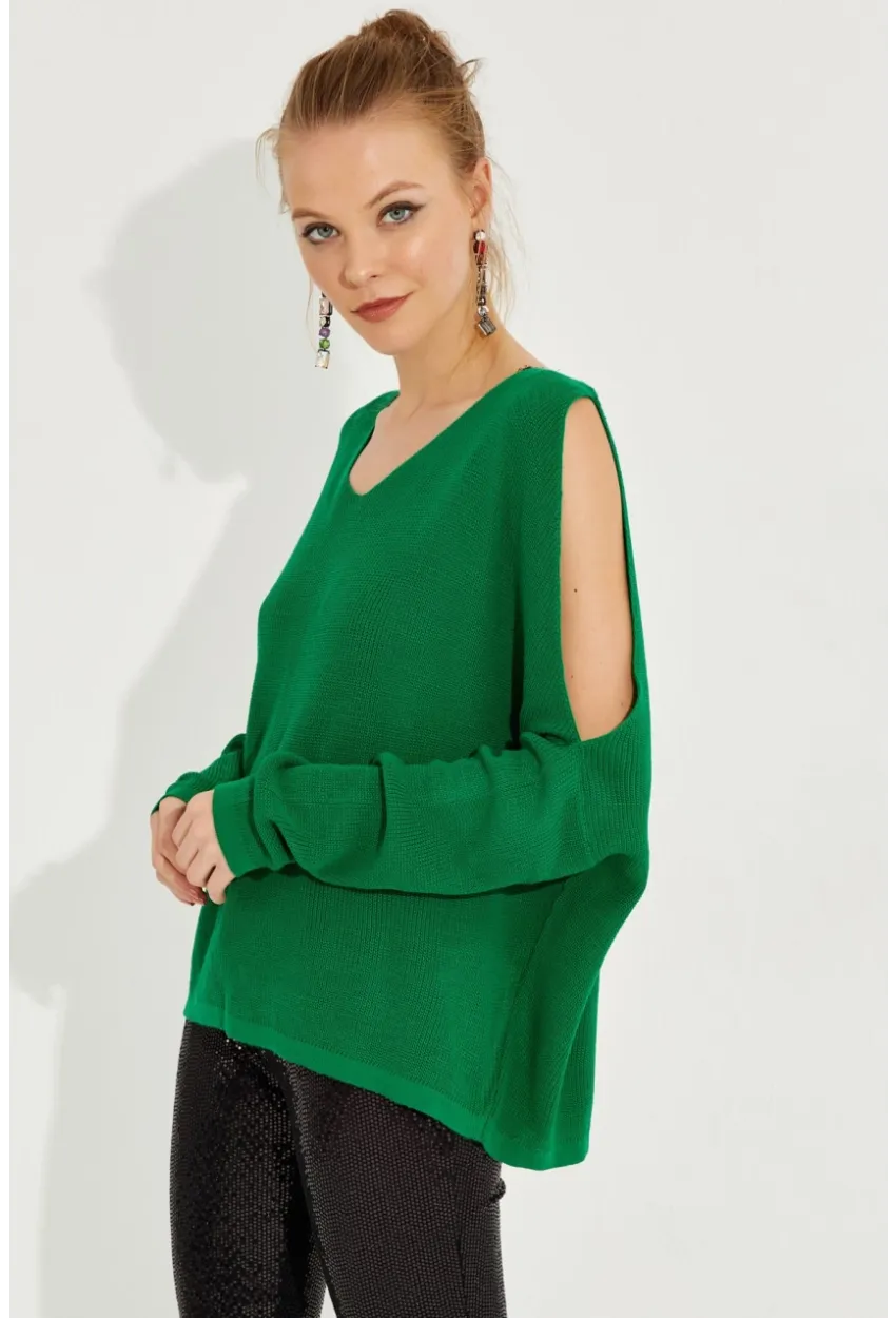 Kadın Yeşil Kolu Yırtmaçlı Triko Bluz SMT221