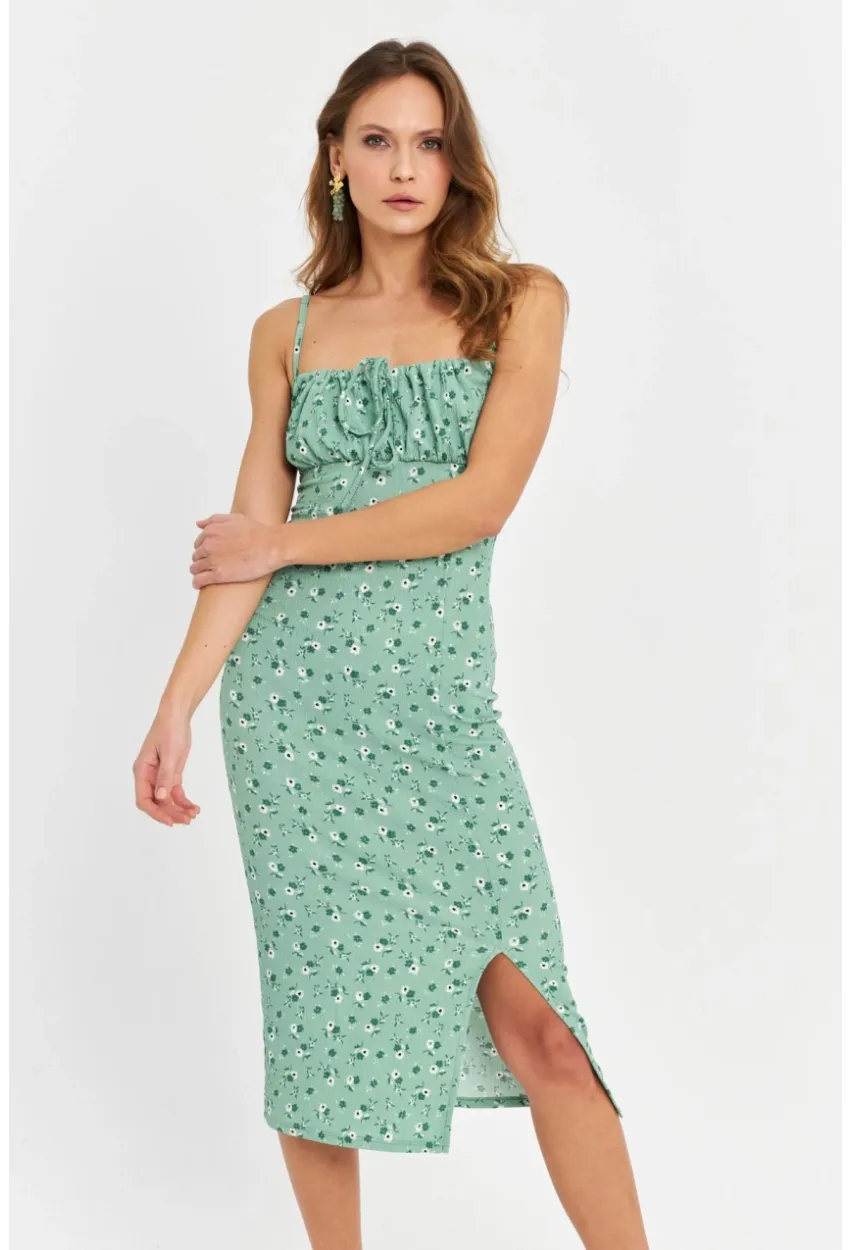 Kadın Yeşil Önü Bağlamalı Midi Elbise MTK10546