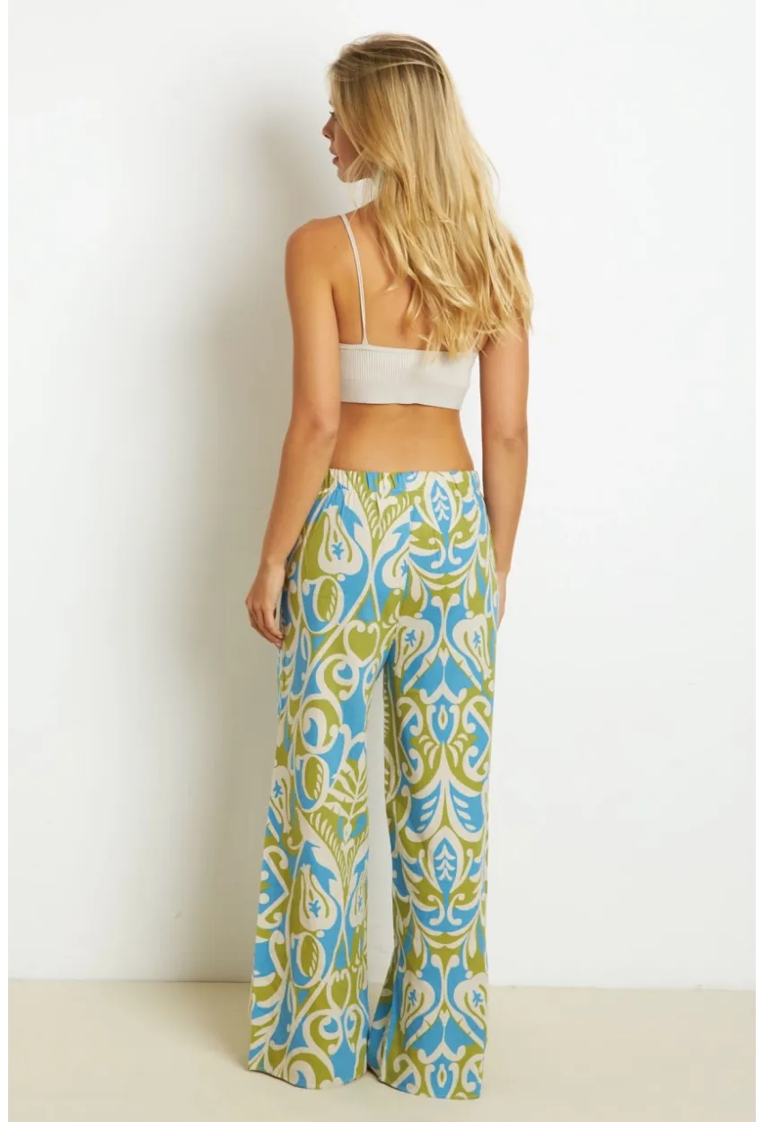 Kadın Yeşil Palozzo Desenli Keten Pantolon K1250