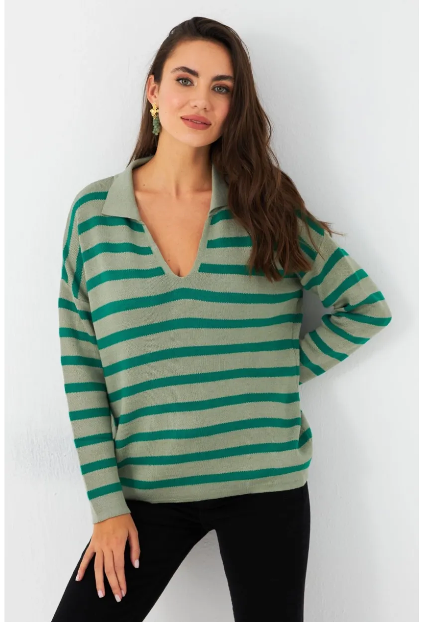 Kadın Yeşil Polo Yaka Çizgili Triko Kazak SE01