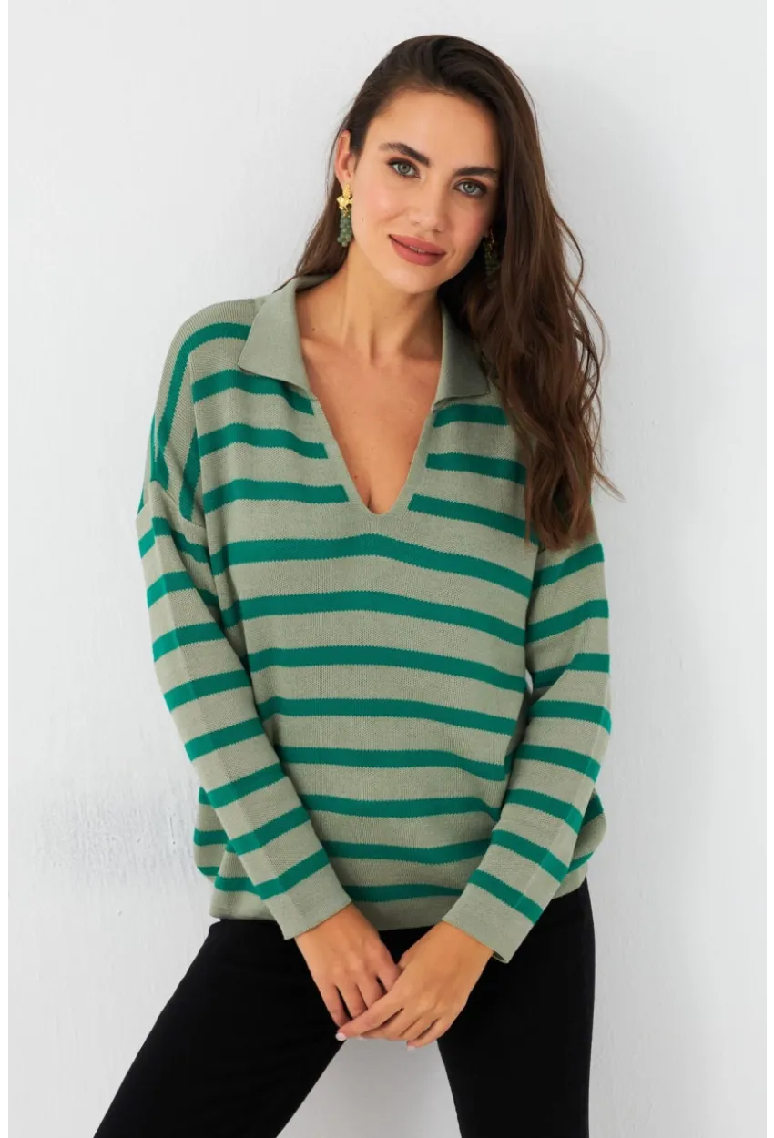 Kadın Yeşil Polo Yaka Çizgili Triko Kazak SE01