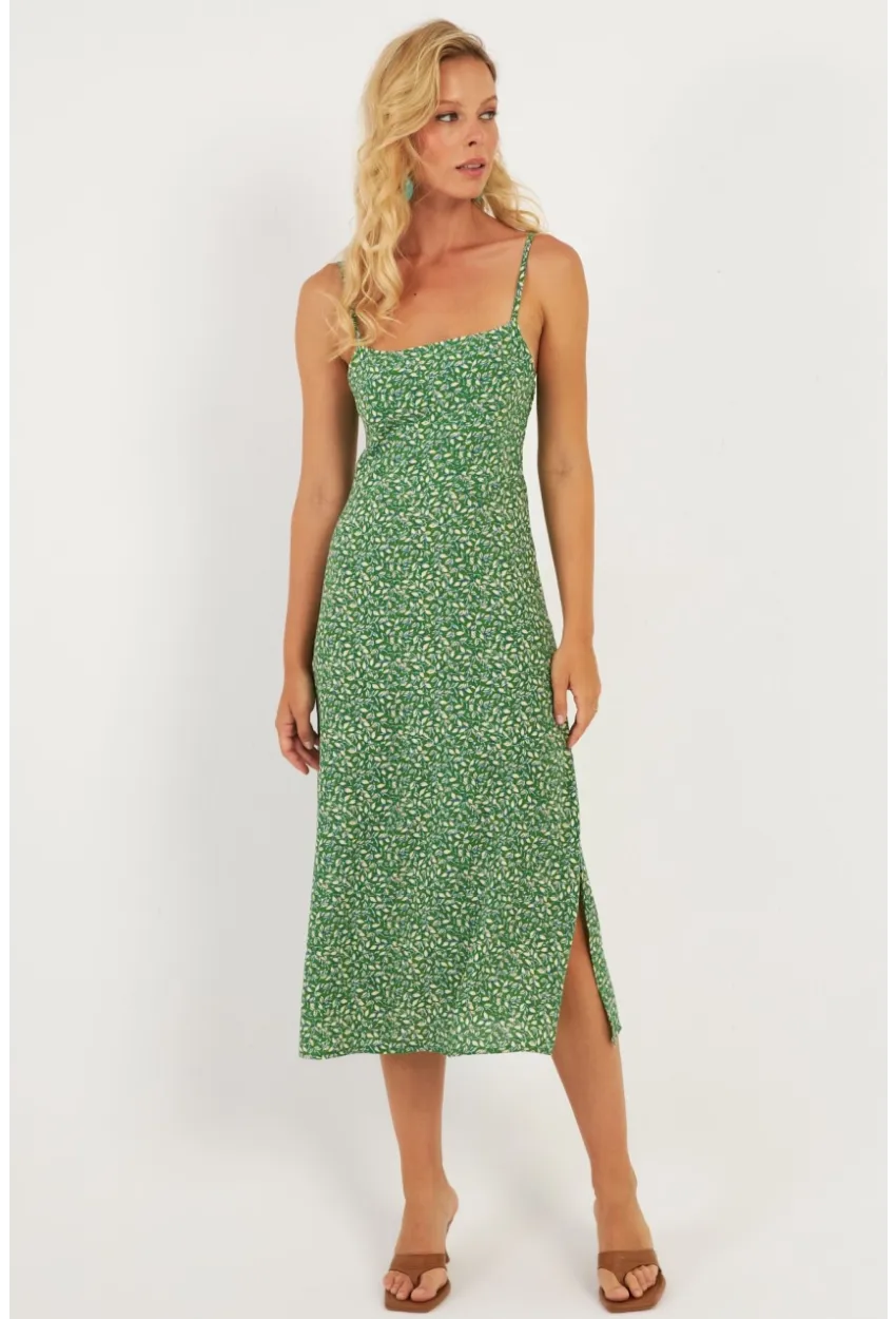 Kadın Yeşil Sırtı Gipeli Desenli Midi Elbise MP427