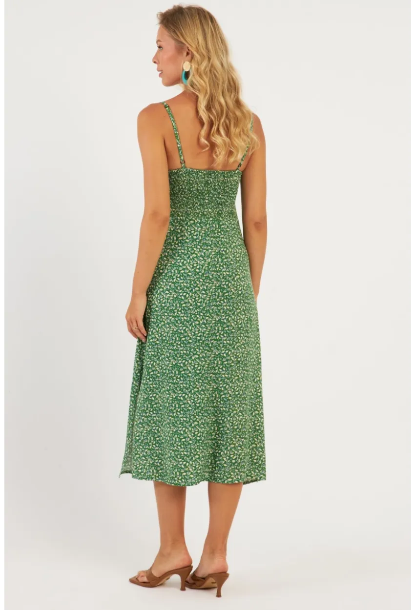 Kadın Yeşil Sırtı Gipeli Desenli Midi Elbise MP427