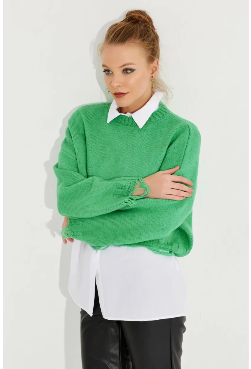 Kadın Yeşil Yırtık Detaylı Triko Kazak KZ2800