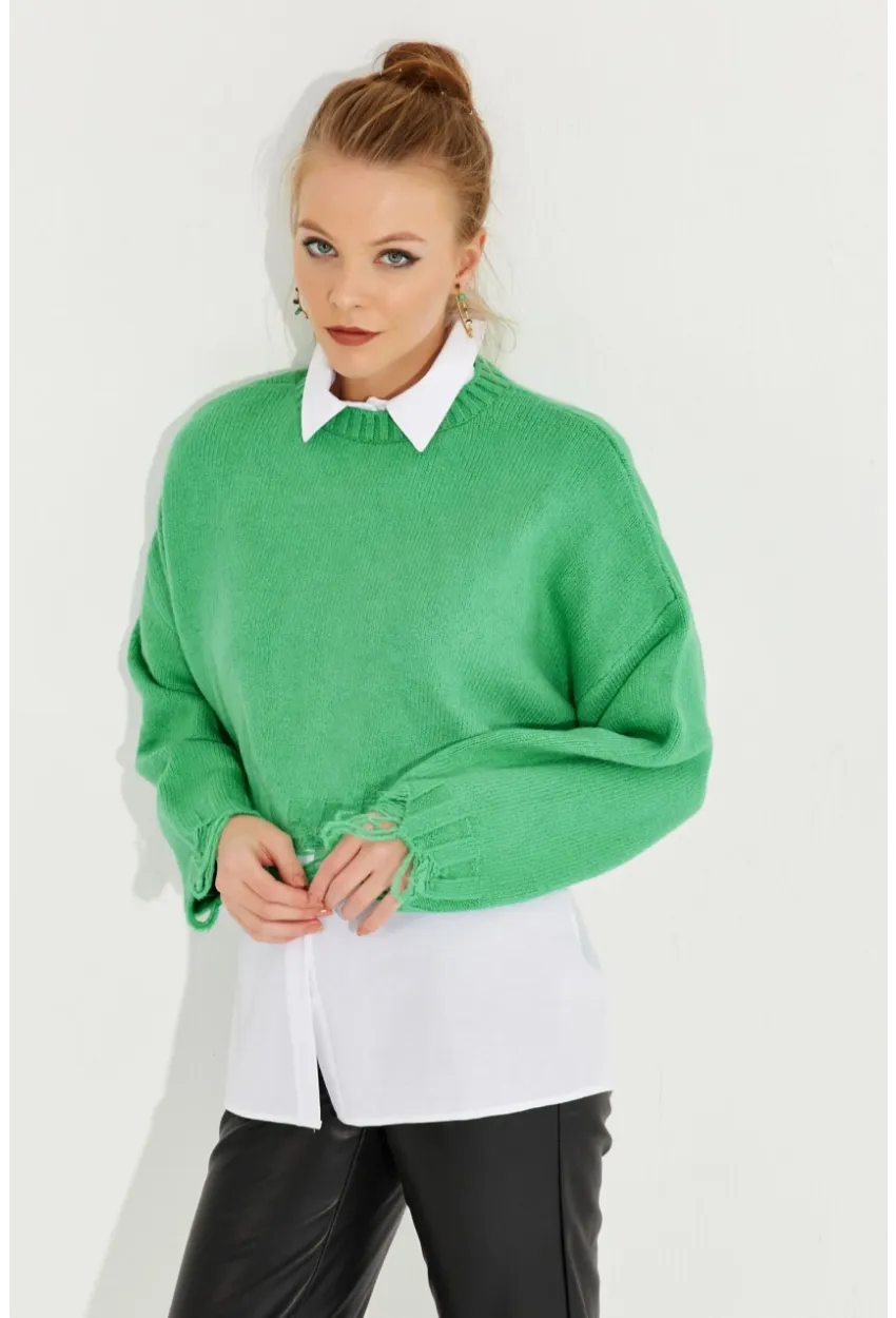 Kadın Yeşil Yırtık Detaylı Triko Kazak KZ2800