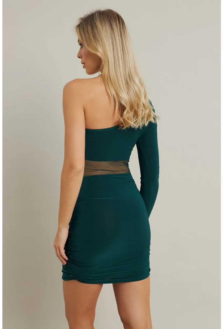 Kadın Zümrüt Yeşil Drapeli Tül Detaylı Mini Elbise ELT3850