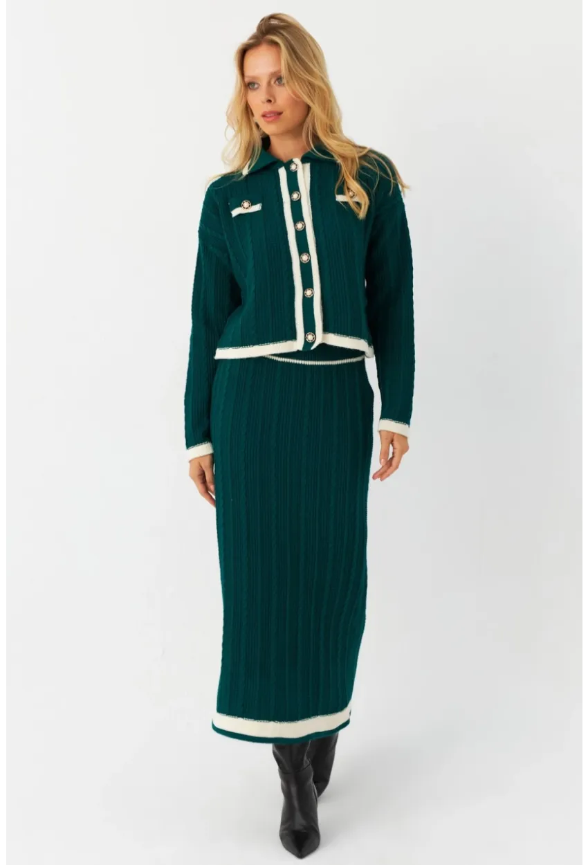 Kadın Zümrüt Yeşil İkili Alt Üst Triko Takım NUV34