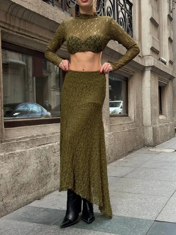 Asimetrik Dantel Kumaş Yeşil Etek