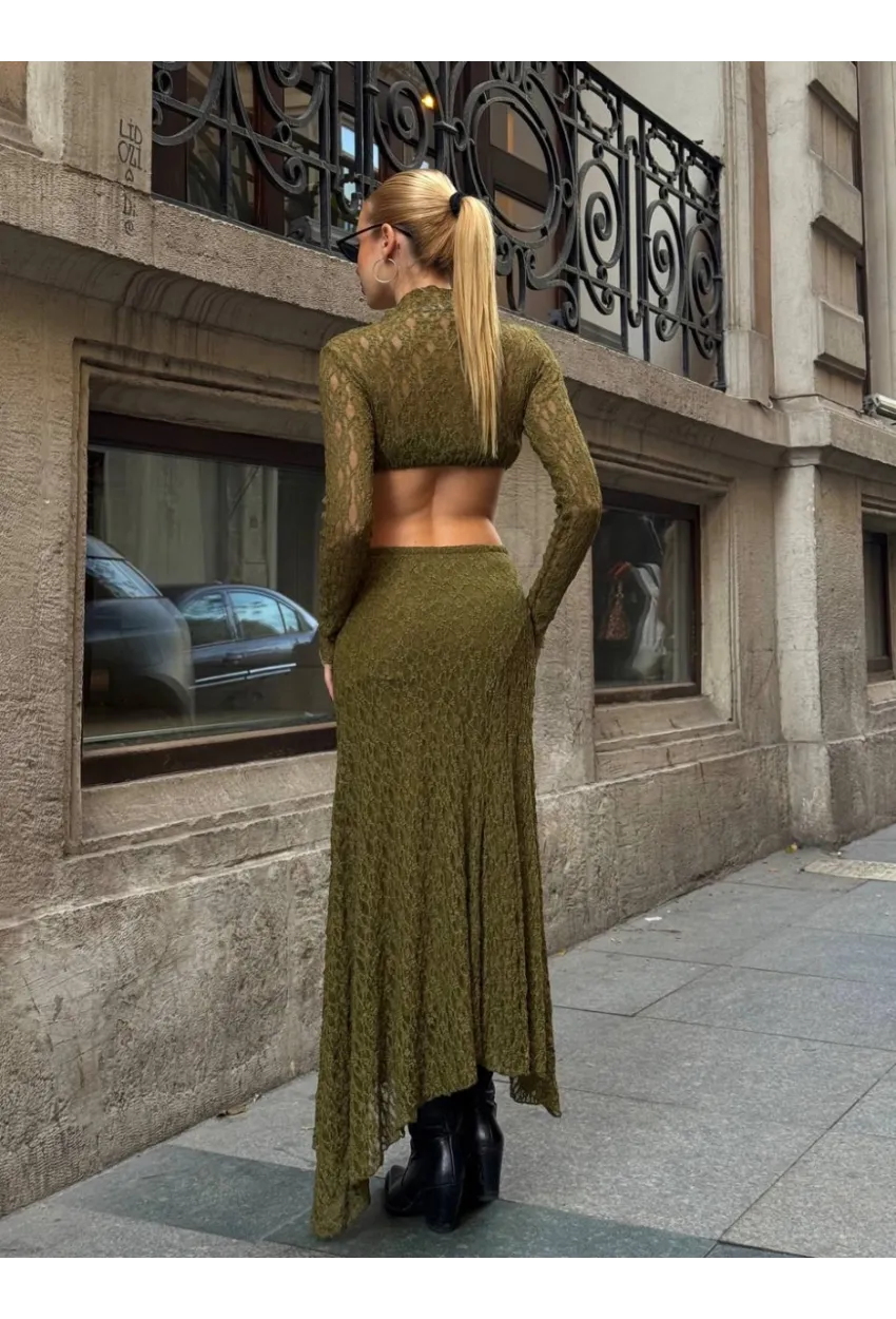 Asimetrik Dantel Kumaş Yeşil Etek
