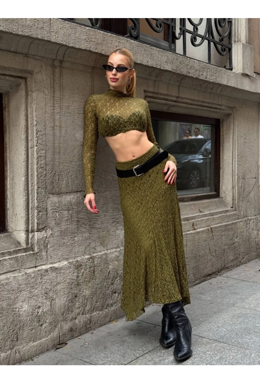 Asimetrik Dantel Kumaş Yeşil Etek
