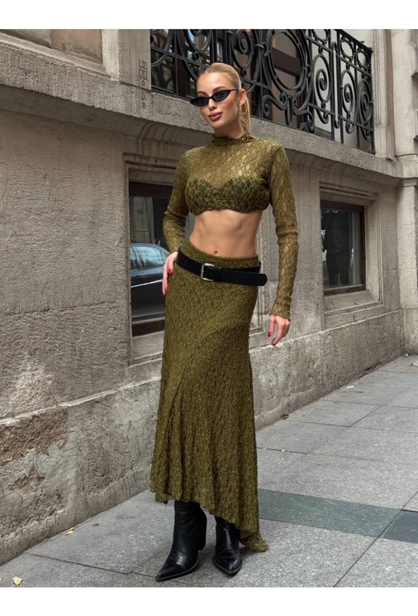 Asimetrik Dantel Kumaş Yeşil Etek