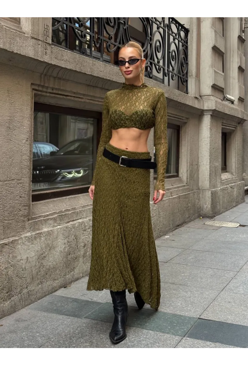 Asimetrik Dantel Kumaş Yeşil Etek