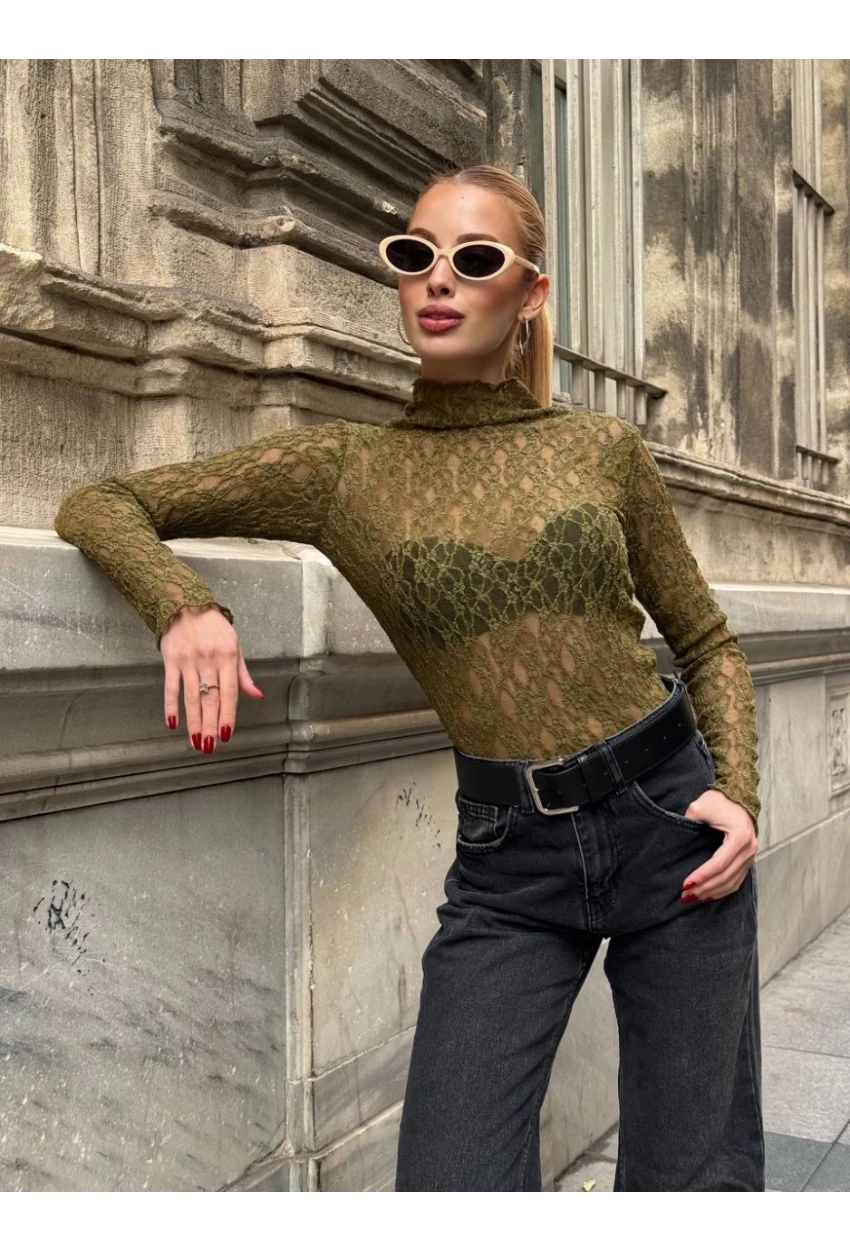 Balıkçı Yaka Bürümcük Yeşil Dantel Bluz