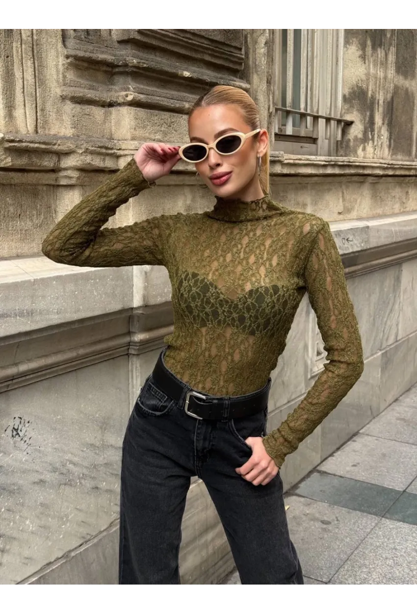 Balıkçı Yaka Bürümcük Yeşil Dantel Bluz