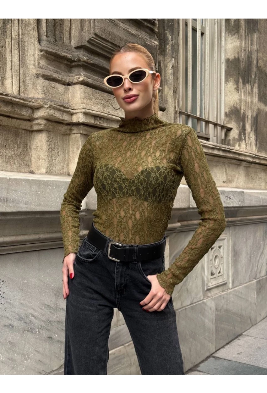 Balıkçı Yaka Bürümcük Yeşil Dantel Bluz