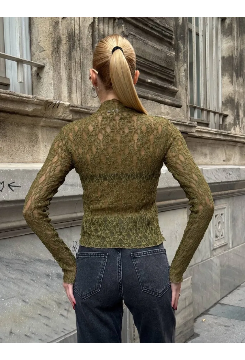Balıkçı Yaka Bürümcük Yeşil Dantel Bluz