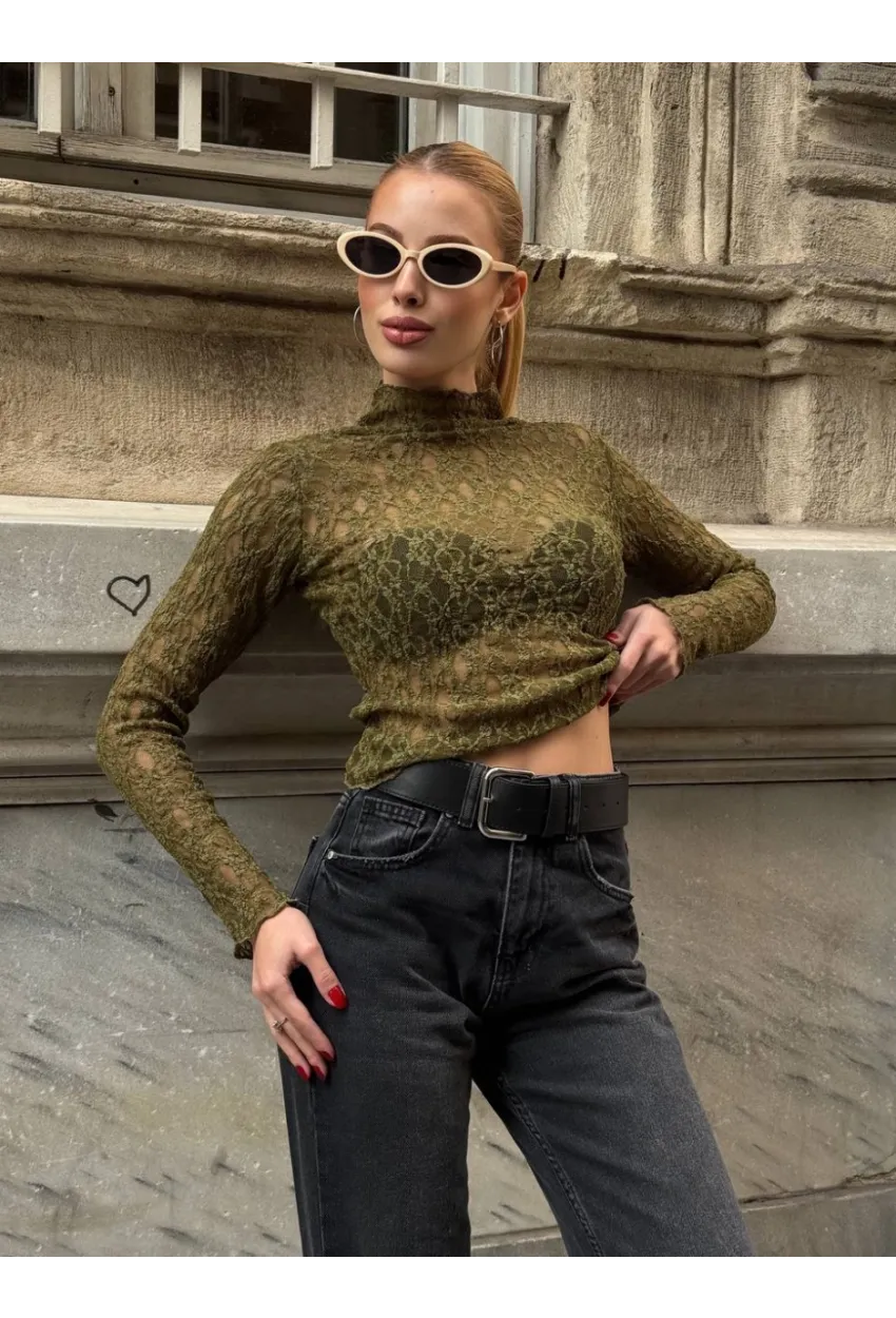 Balıkçı Yaka Bürümcük Yeşil Dantel Bluz