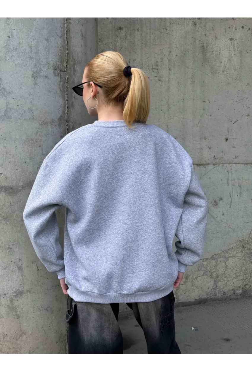 Boston Baskılı Gri Oversize Üç İplik Kadın Sweatshirt