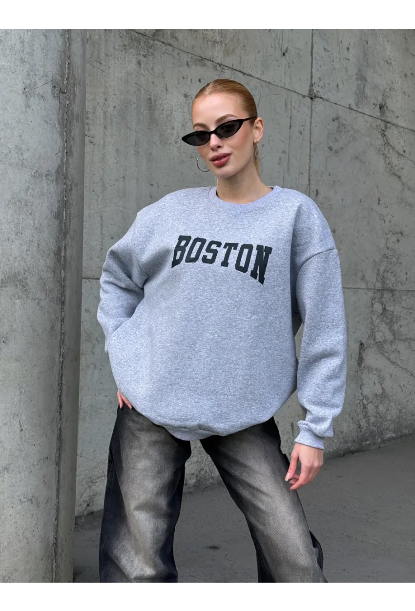Boston Baskılı Gri Oversize Üç İplik Kadın Sweatshirt