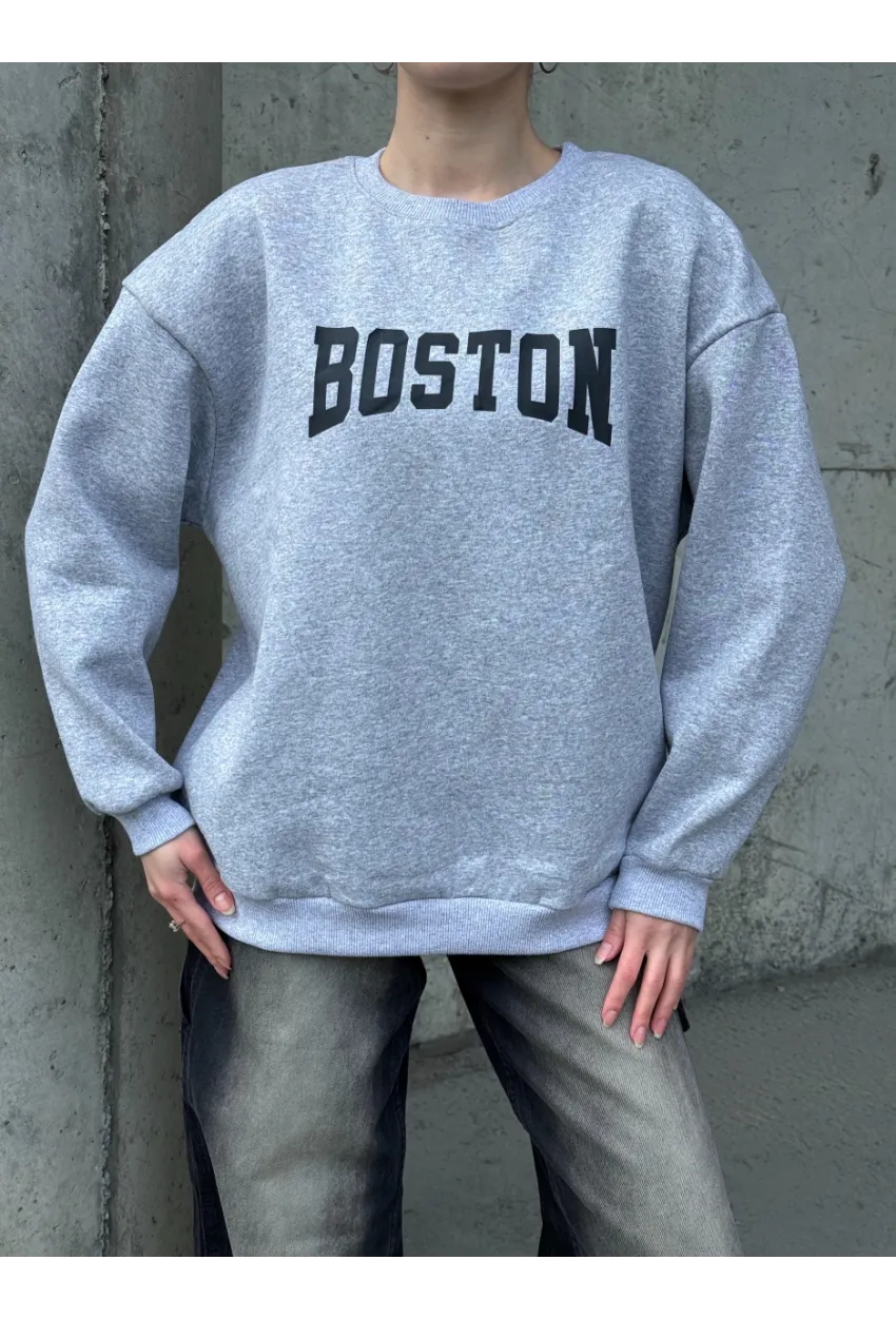 Boston Baskılı Gri Oversize Üç İplik Kadın Sweatshirt