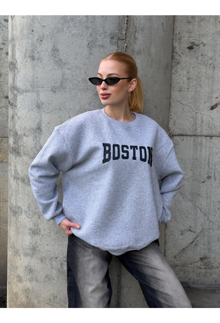 Boston Baskılı Gri Oversize Üç İplik Kadın Sweatshirt