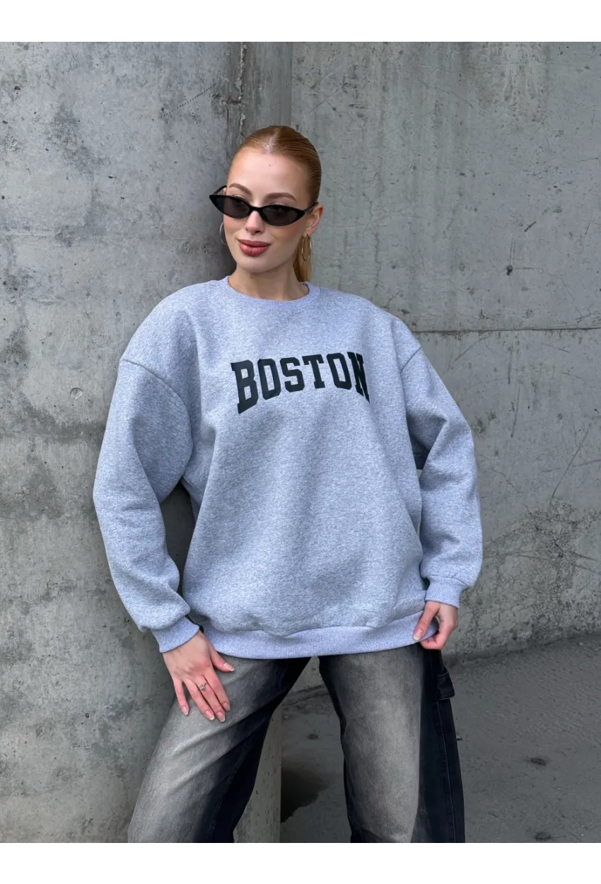 Boston Baskılı Gri Oversize Üç İplik Kadın Sweatshirt