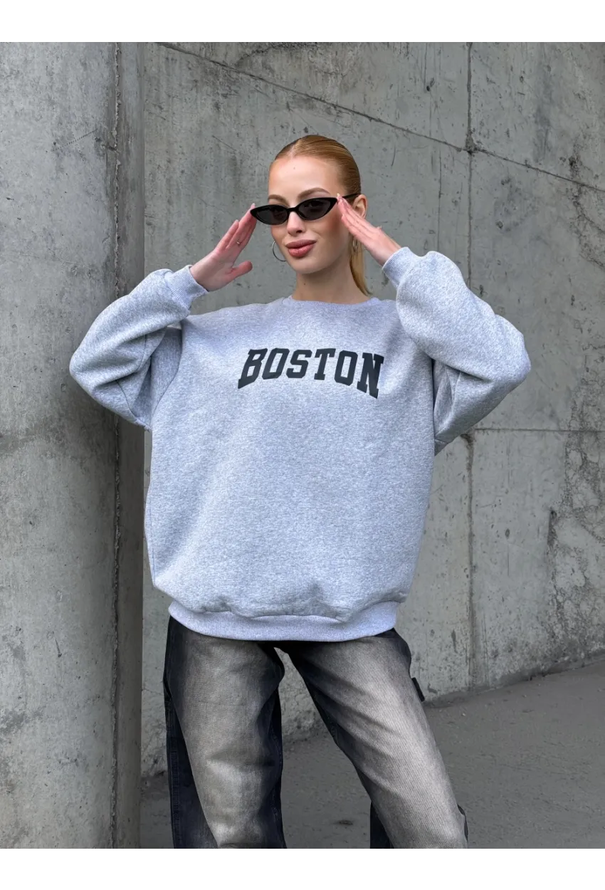 Boston Baskılı Gri Oversize Üç İplik Kadın Sweatshirt